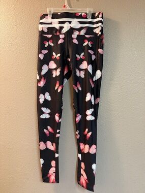 Butterfly Print Black Leggings - Pink Accent